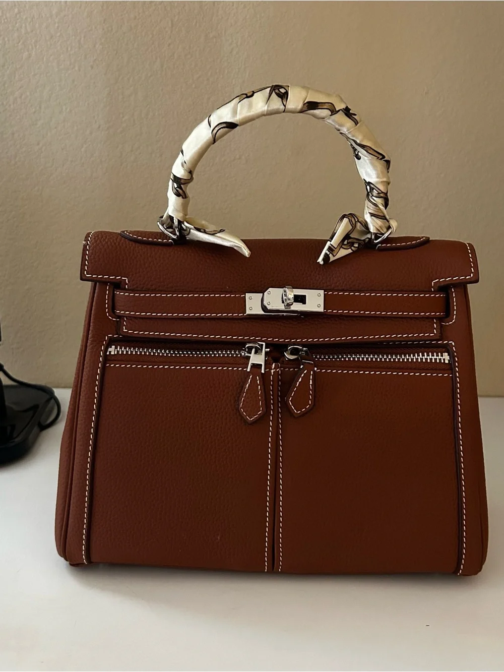 25cm Double Front Pocket Brown Leather Satchel with Scarf-Wrapped Handle